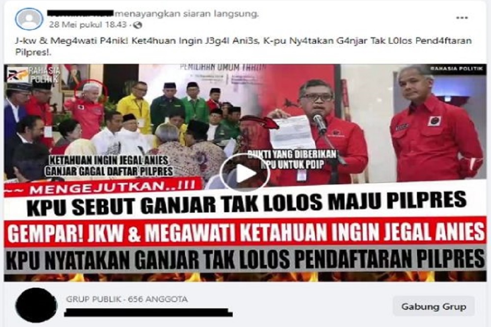  Tangkapan layar berisi narasi hoaks yang menyebutkan KPU nyatakan Ganjar gagal daftar pilpres. - Facebook