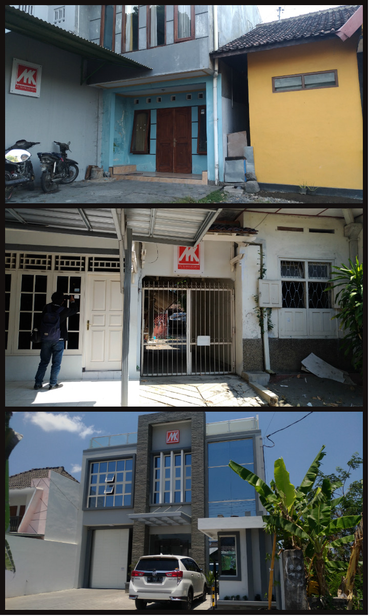 Dari atas: Bekas kantor PT Matra Karya di Palagan, bekas kantor PT Matra Karya di Panembahan, Kraton, dan kantor yang kini digunakan di Sewon, Bantul. 