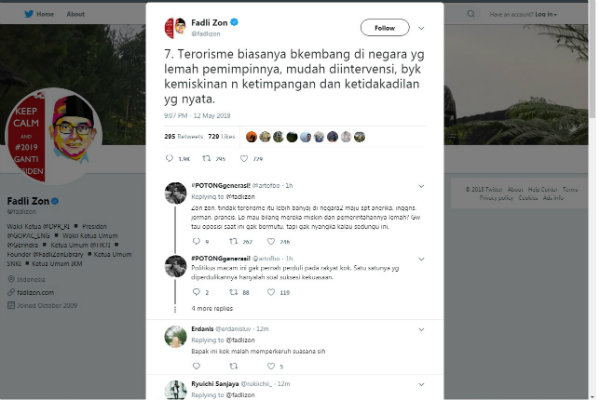 Cuitan Fadli Zon Soal Teror Bom Surabaya Ini Malah Bikin Warganet Geram