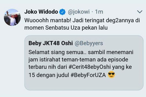 Akun Twitter Jokowi Tiba-Tiba Ngetwit Soal Senbatsu Uza JKT 48, Admin Dibebastugaskan