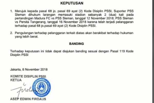 Suporter PSS Sleman Dilarang Hadiri Madura FC vs PSS dan PSS vs Persita 