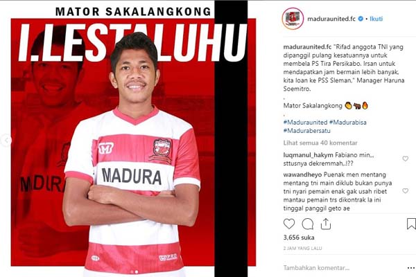 Bukan Trial, Madura United Pinjamkan Irsan Lestaluhu ke PSS Sleman 