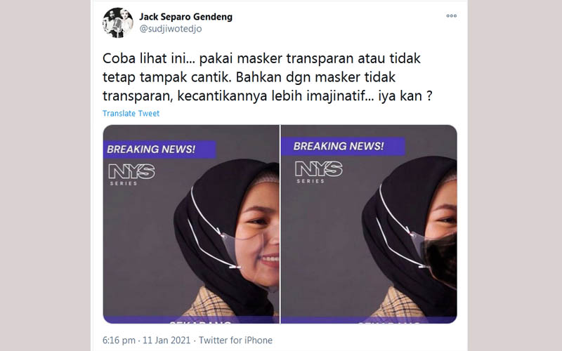 Masker Transparan Bikin Cantiknya Kelihatan, Sudjiwo Tejo: Tidak Transparan Lebih Imajinatif