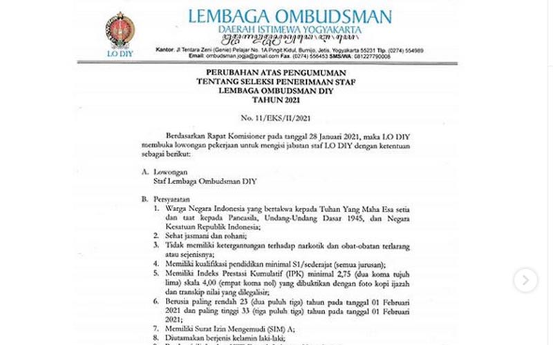 Lembaga Ombudsman Diy Buka Lowongan Pegawai Untuk Sarjana Ini Ketentuannya Harianjogja Com