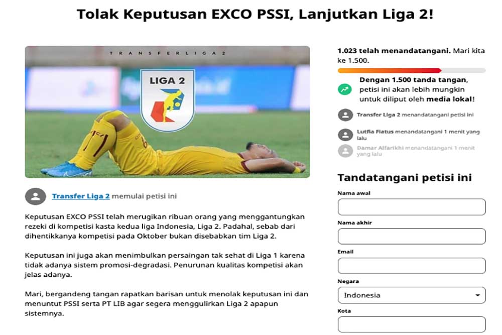 Muncul Petisi Tolak Keputusan EXCO PSSI, Lanjutkan Liga 2!
