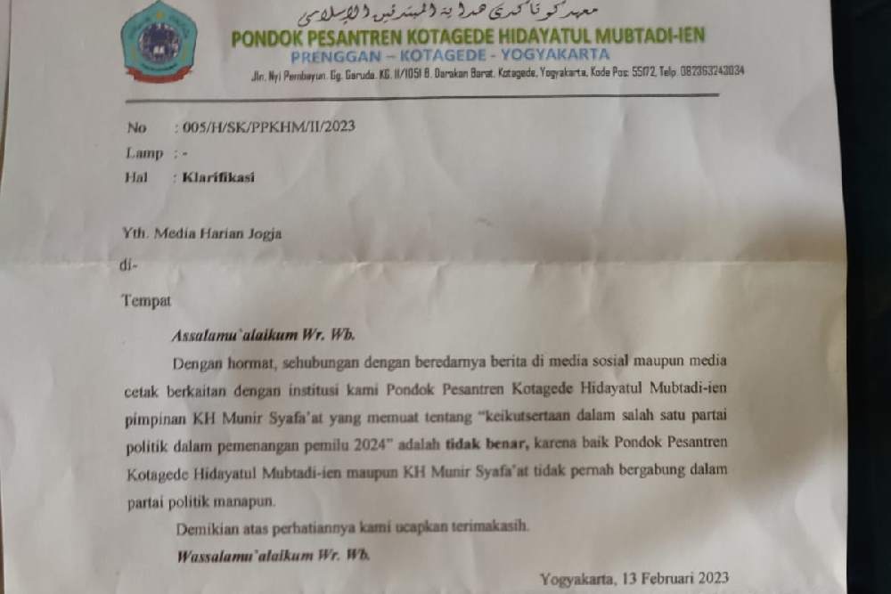 HAK JAWAB: Ponpes Nurul Ummah Putri Kotagede dan Ponpes Kotagede Hidayatul Mubtadi-ien Tak Terafiliasi dengan DPC Marhaen