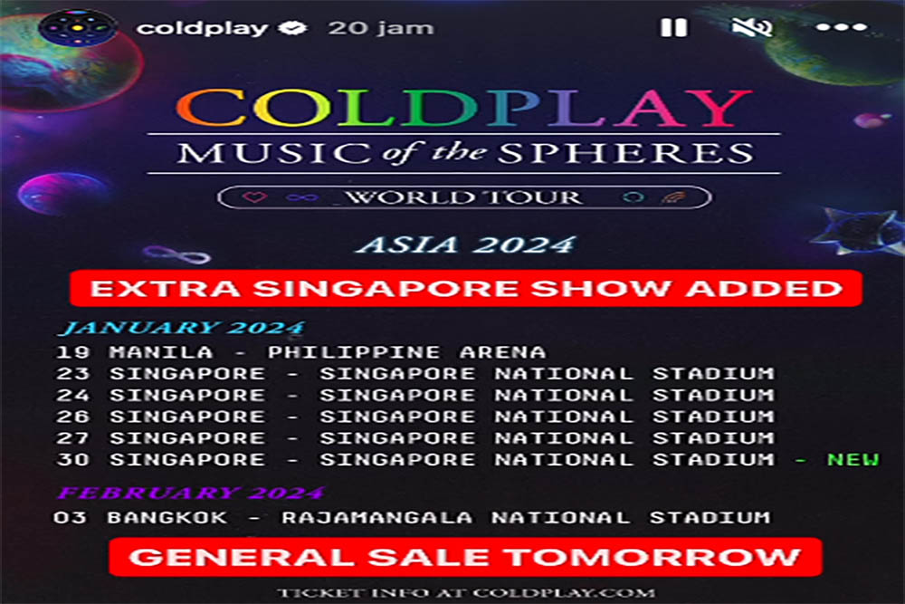Wow! Coldplay Konser 6 Hari di Singapura