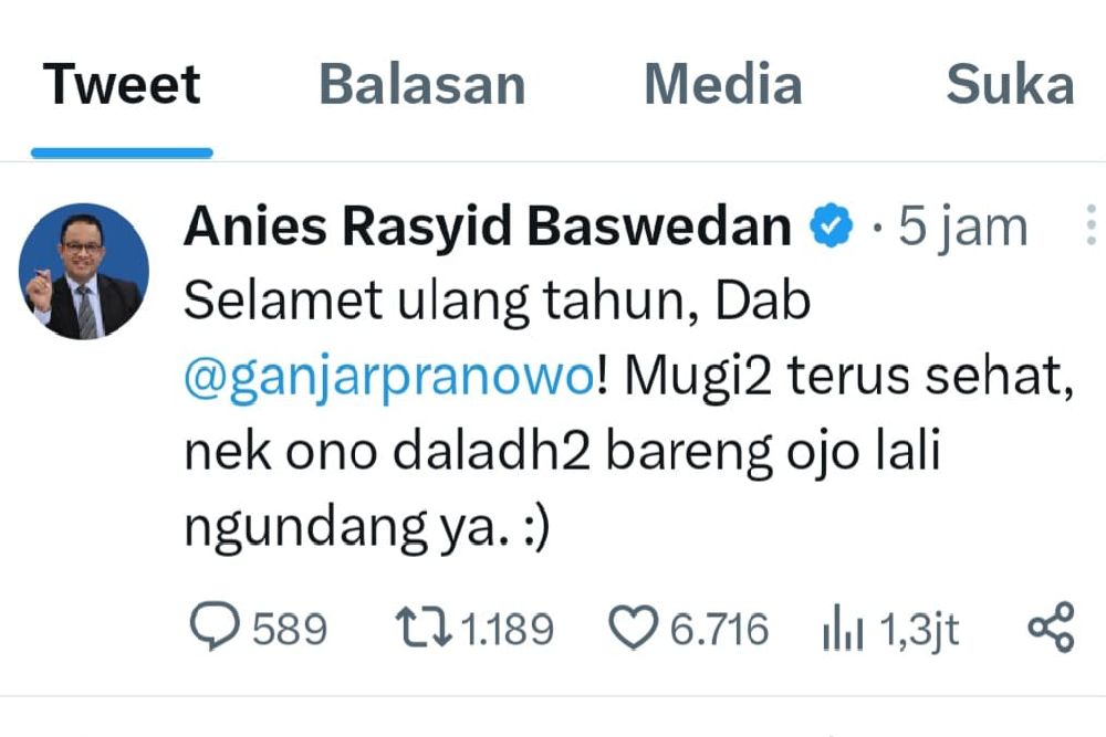 Ganjar Ulang Tahun ke-55, Anies Ucapkan Selamat dan Tagih Makan-makan