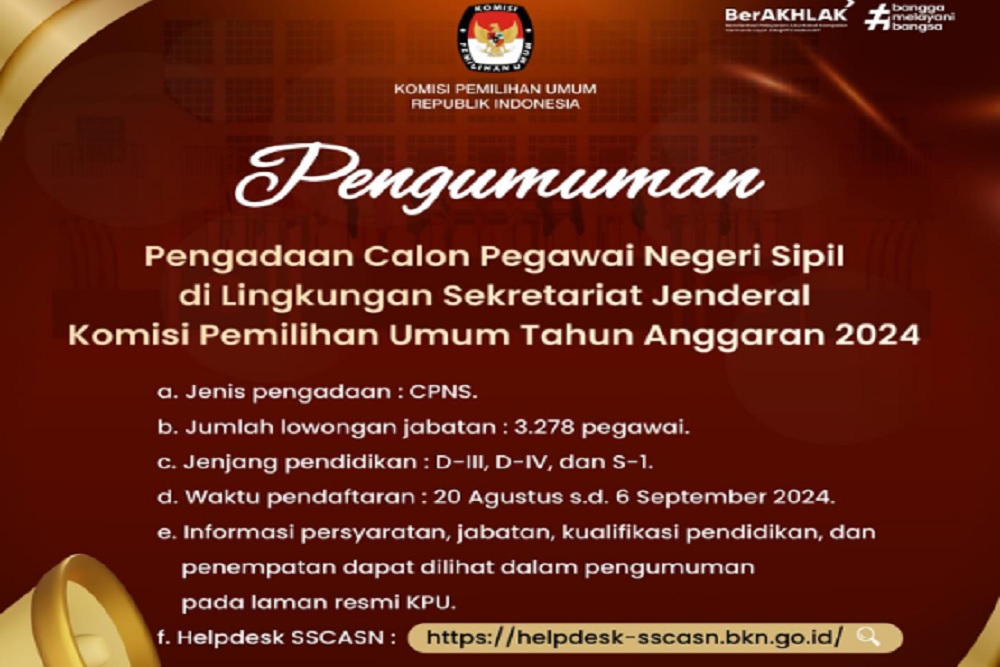 KPU RI Buka Lowongan 3.278 Formasi CPNS 2024, Ada Penempatan untuk Wilayah DIY