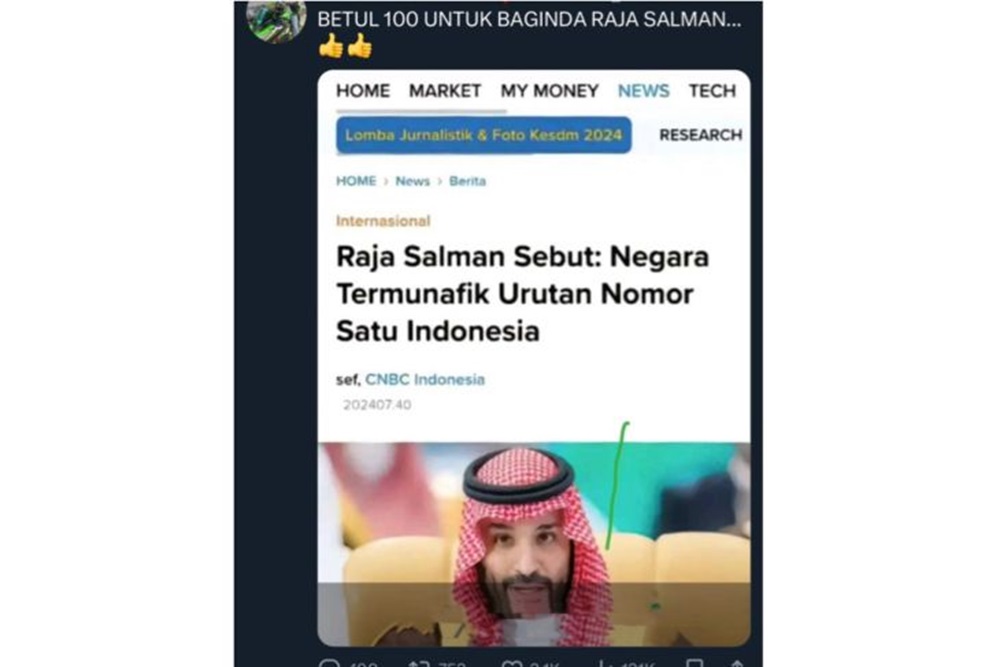 CEK FAKTA: Raja Salman Bilang Indonesia Negara Munafik Urutan Pertama di Dunia