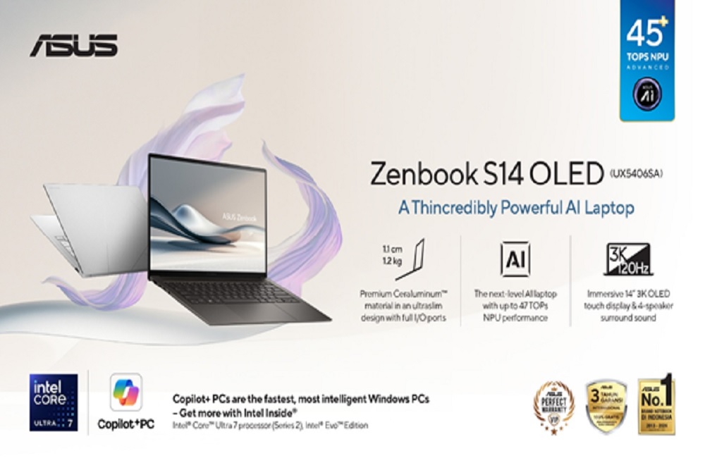 Laptop AI Tipis, Asus Zenbook S14 OLED UX5406SA