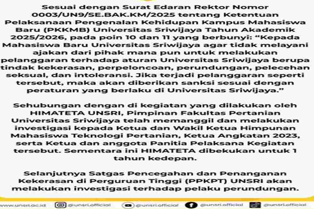 Unsri Bekukan Himateta Setahun, Dampak Viral Video Dugaan Perpeloncoan