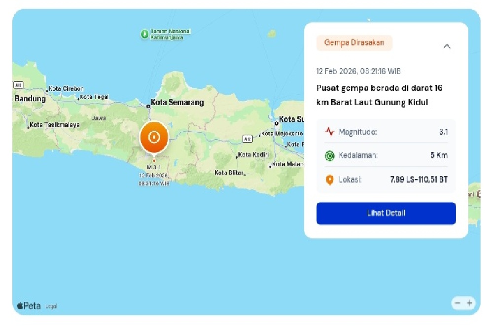 Gempa M3,1 Guncang Gunungkidul, Tak Berpotensi Tsunami