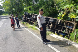 Tak Kuat Menanjak, Tronton Pembawa Backhoe Terguling di Tanjakan Sambeng Gunungkidul