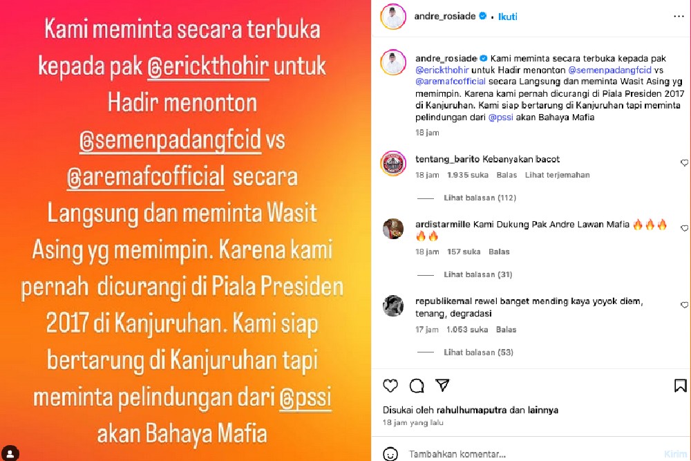 Reaksi Manajemen Singo Edan Usai Andre Rosiade Minta Erick Thohir Hadir di Laga Arema FC vs Semen Padang