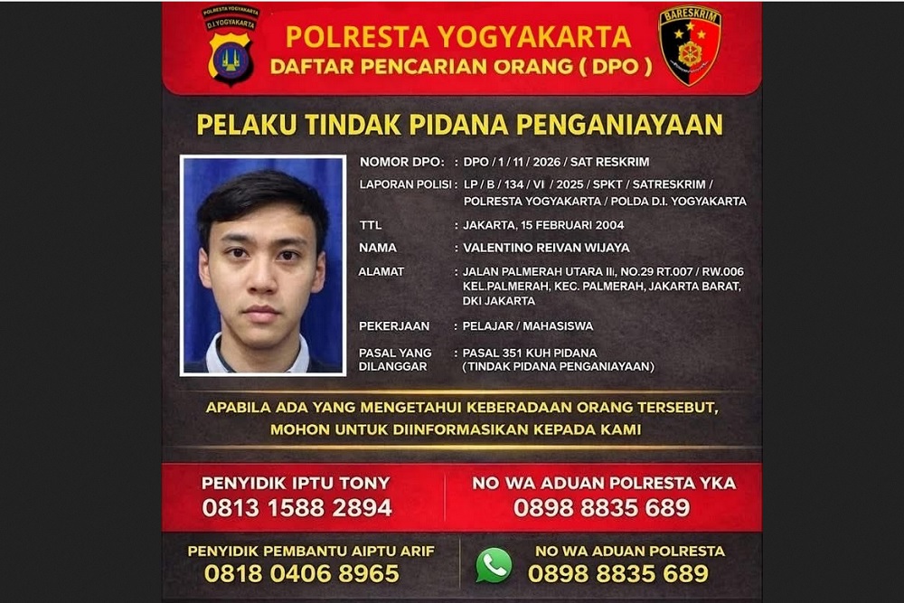 Terjerat Kasus Penganiayaan, Valentino Reivan Jadi DPO Polresta Jogja